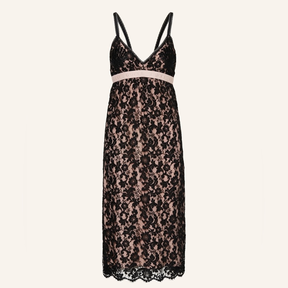 Gucci Black Lace Midi Dress w/ Pink Logo Band – Silk Lined – Size 38